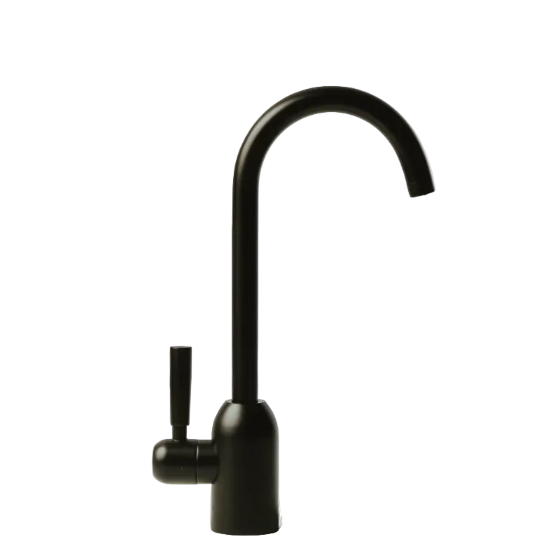A matte black high-arc single-handle kitchen faucet with a side lever