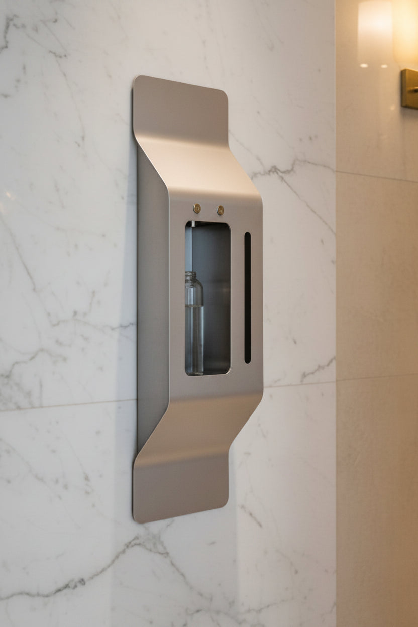 A modern wall-mounted metallic dispenser with a brushed stainless steel finish, mounted on a white marble tiled wall.
